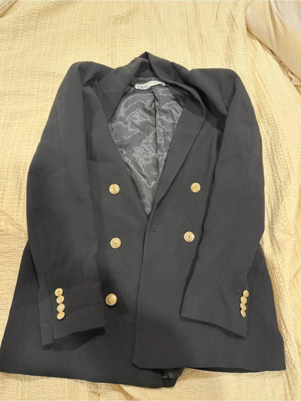 Zara Black Double-Breasted Pea Coat with Gold Buttons
